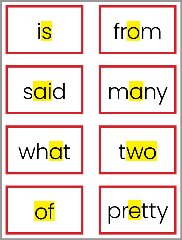 an image of eight red outlined word cards with unexpected spelling patterns highlighted in yellow. Examples include: "is", "from", "said", "many", "what", "two", "of", and "pretty"
