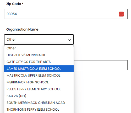 A screenshot of the registration form showing a list of organizations found in the zip code 03054